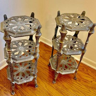 Lot 061-MBR: Ornate Brass Table Duo

Description: 2 matching vintage brass three-tiered tables. They were acquired by our clients either...