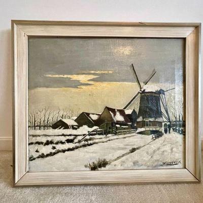 Lot 078-BR1: Windmill Painting #2

Features: 
â€¢	Depicts a windmill in winter by snow-covered buildings and canal
â€¢	Signed painting...