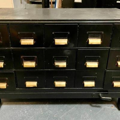 Lot 116-G: Antique Index Card File Cabinet

Description: 
â€¢	Heavy metal cabinet with small drawers (which appear to be suitable for...