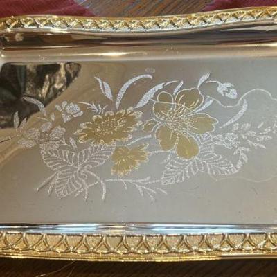 Gold and Silver 2-Handled Tray with floral etching