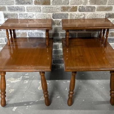 2- Mid Century Step End Side Tables w/ Turned Legs