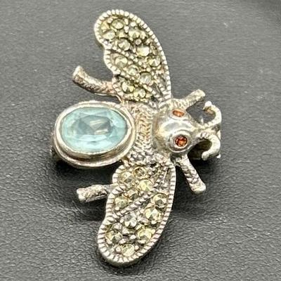 925 Silver w/ Aquamarine Cicada Brooch / Pin