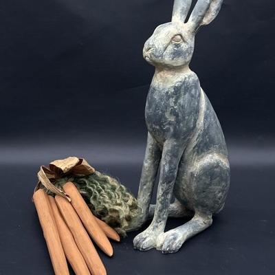 Bronze-Look Rabbit Sculpture w/ Carrots