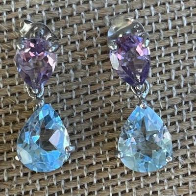 Sterling Silver Earrings w/ Blue Topaz & Amethyst