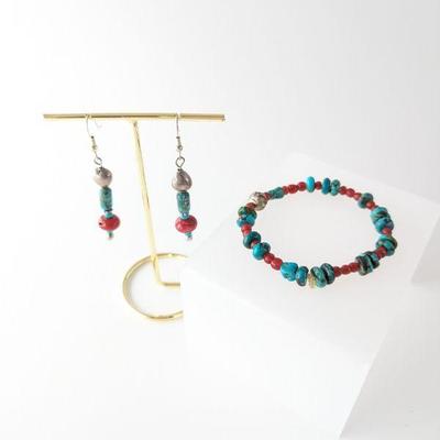 Sterling Turquoise & Coral Stretch Bracelet & Earrings