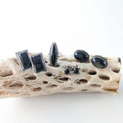 Sterling & Black Onyx Ring & Three Pairs of Earrings