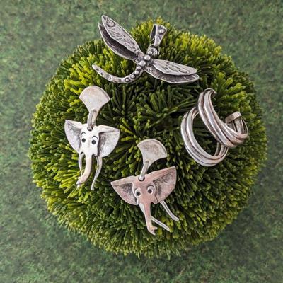 Sterling Silver Elephant Earrings, Sterling Dragonfly Pendant & Hoop Earrings