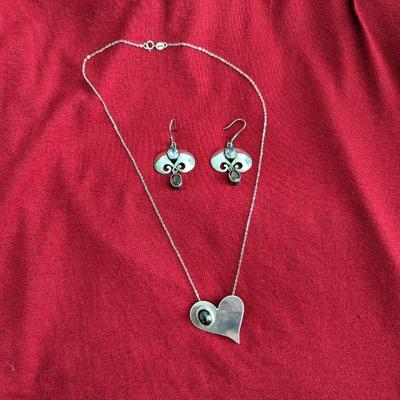  Sterling Silver Amethyst & Garnet Earrings with Garnet Heart Pendant on Sterling Chain