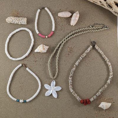  Three Puka Shell Bracelets, Hawaiian Plumeria Mother of Pearl Necklace & Heishi Shell & Branch Coral Necklace