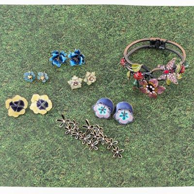 Six Pairs Floral Enamel Earrings & Enamel & Rhinestone Spring Hinge Bracelet with Brass Finish