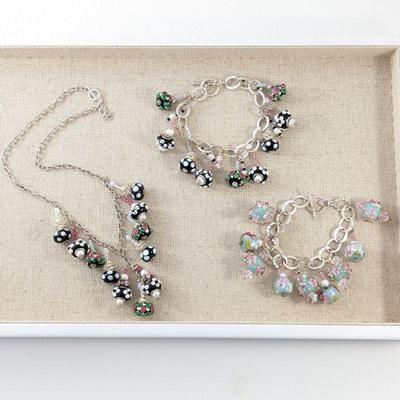 Sterling 925 & Glass Bead Necklace & Two Bracelets