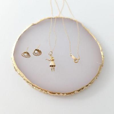 14k Gold Hula Girl Jointed Pendant/Charm & Chain & 14k Gold Filigree & Freshwater Pearl Shell Earrings