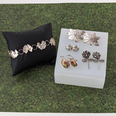 Sterling Silver Flower Bracelet & Four Pairs Floral Sterling Earrings