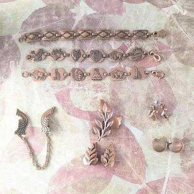  Lot of Copper Jewelry: Southwestern/Native Bracelets & Earrings, Chatelaine Clip Set & Renoir Brooch & Clip Earrings