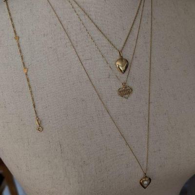 Three 14k Heart Necklaces & Heart Anklet