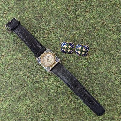 Vintage Sheffield Enamel Cloisonne Watch with Black Leather Fossil Strap & Anthurium Enamel Cloisonne Earrings
