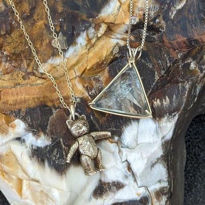 Vintage Ross Simons (?) Quenched Aqua Triangle Pendant in Gold Vermeil Wire w/ Gold Vermeil Teddy Bear Necklace