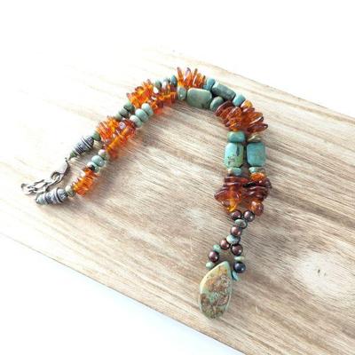 Sterling Amber & Turquoise Necklace