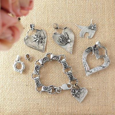 Sterling Silver Bracelet with Selection of Sterling Heart Pendants, Cat Pendant & Extra Charm & Link