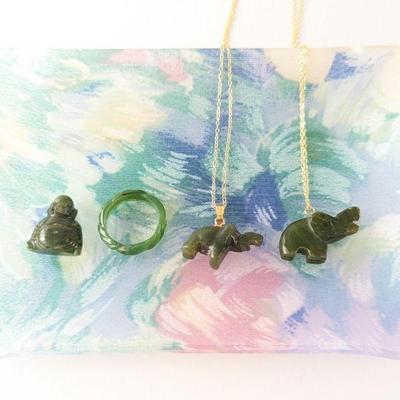 Two Jade Elephant Pendants on 18k Gold Vermeil Chain, Jade Ring & Buddha