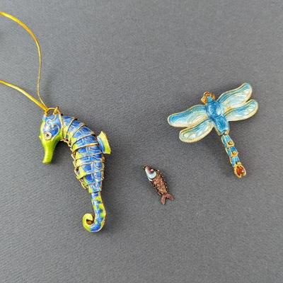 Vintage Cloisonne Articulated Seahorse, Dragonfly and Koi Fish Pendants/Ornaments 