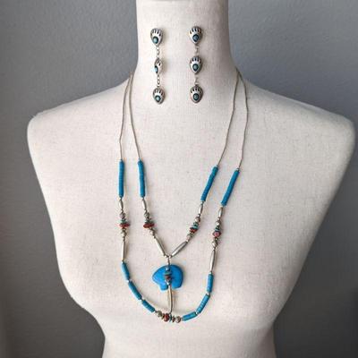 Sterling & Turquoise Double Strand Native American Medicine Bear Necklace & Bear Paw Earrings