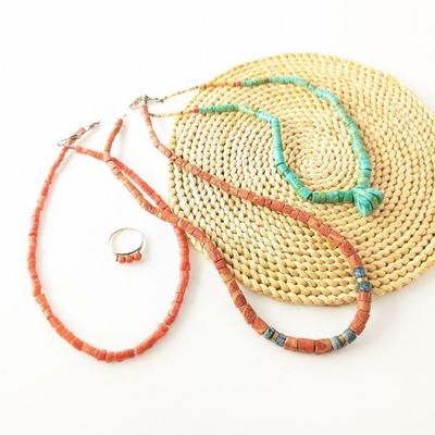 Two Coral Necklaces & One Turquoise Necklace, Plus 8k Gold & Coral Ring