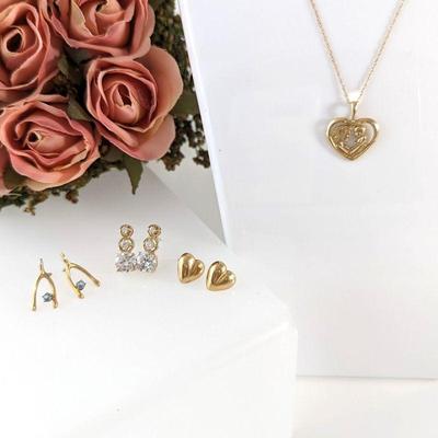 10k Mother & Child Heart Necklace & Three Sets of 10k Earrings
