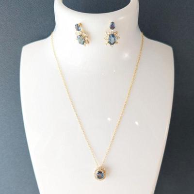 14k Sapphire & Diamond Pendant on 18k Vermeil Chain with 14k Sapphire & CZ Earrings