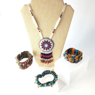 Native Beaded Medallion Necklace with Three Vintage Seed Bead Bracelets