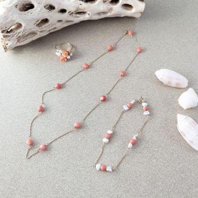 14k Gold Coral Necklace, Freshwater Pearl & Coral Bracelet & Cultured Seed Pearl & Coral Ring