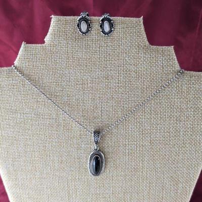 Sterling Silver & Onyx Pendant & Sterling & Mother of Pearl Earrings