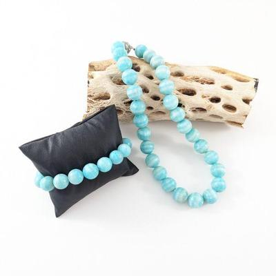 Blue Amazonite Stone Bead Necklace & Bracelet