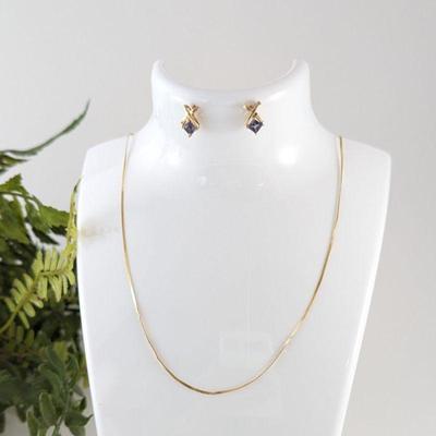14k Gold & Iolite Earrings & 14k Gold Herringbone Necklace