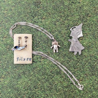 Articulated Sterling Silver Elephant Necklace, Sterling Princess Bear Pendant & Silver Enamel Dutch Clog Earrings