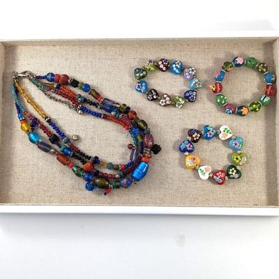 Triple Strand Glass Bead & Sterling Necklace with Hand Painted Glass Bead Stretch Bracelets
