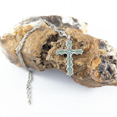  Zuni Sterling Turquoise Cross Pendant on Sterling Chain