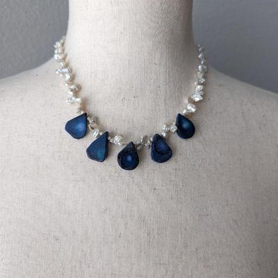 Freshwater Pearl & Natural Blue Stone Necklace with Sterling Clasp