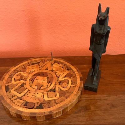 Vintage Inlaid Wood Aztec Wall Calendar & Anubis Egyptian Statue
