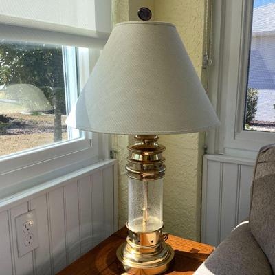 Seeded glass and brass lighthouse table lamp