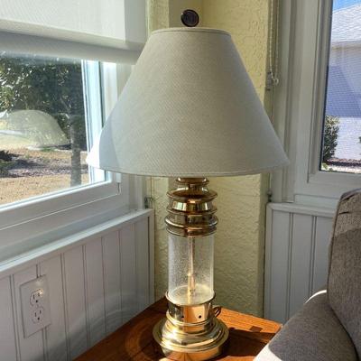 Seeded glass and brass lighthouse table lamp