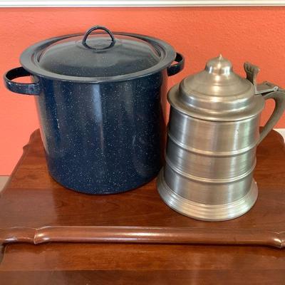 Blue Enamelware Pot With Lid And Lidded Ice Bucket