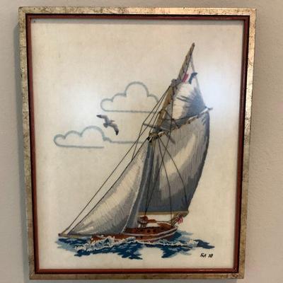 Signed, dated Embroidery sail boat