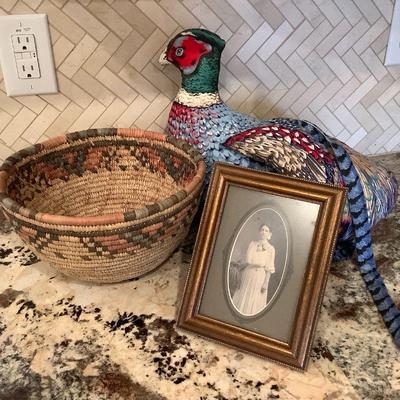 West African Coil Basket, Vintage Photo In Frame, Stuffed Ring-Necked Pheasant