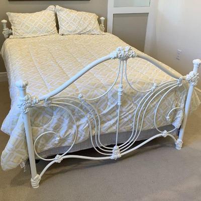 Full size iron bed with mattress and bedding, starting bid $5
