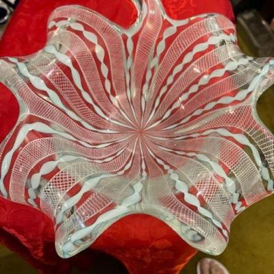 Gorgeous 1940s Murano Dish light blue with white candy cane s