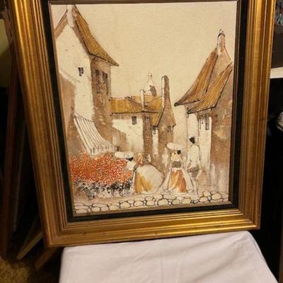 Rare Sand and oil Painting by listed artist  Boris Chezar 
part of his Floer market series
33 x 27 inches