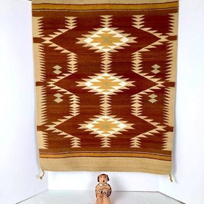 ELDA230 Jemez Pottery & Navajo Rug	Navajo rug made from wood yarn, does have some fading and a few tiny holes as shown in the...