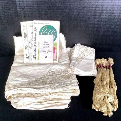 ELDA222 Irish Linen Embroidery	Large table cloth, 4 napkins, Skeins of cotton and embroidery books.
