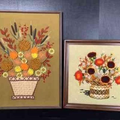 ELDA217 1970â€™s Crewel Floral Yarn Art	Both are Floral yarn art. The smaller one is hand stitched embroidery. Larger art is sitting in...